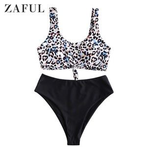 Zaful Animal Print Knotted High Waisted Tankini